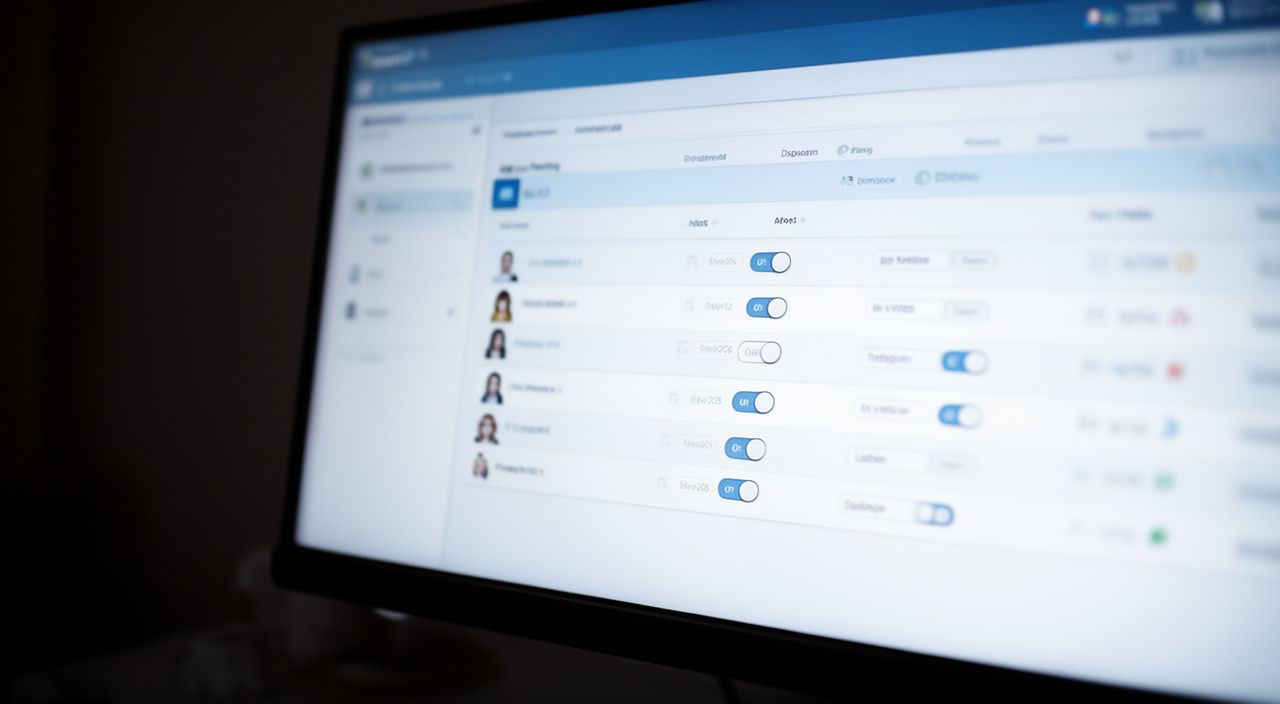 Angled close-up of a monitor showing a generic database management interface with rows of user profiles and blue toggle switches