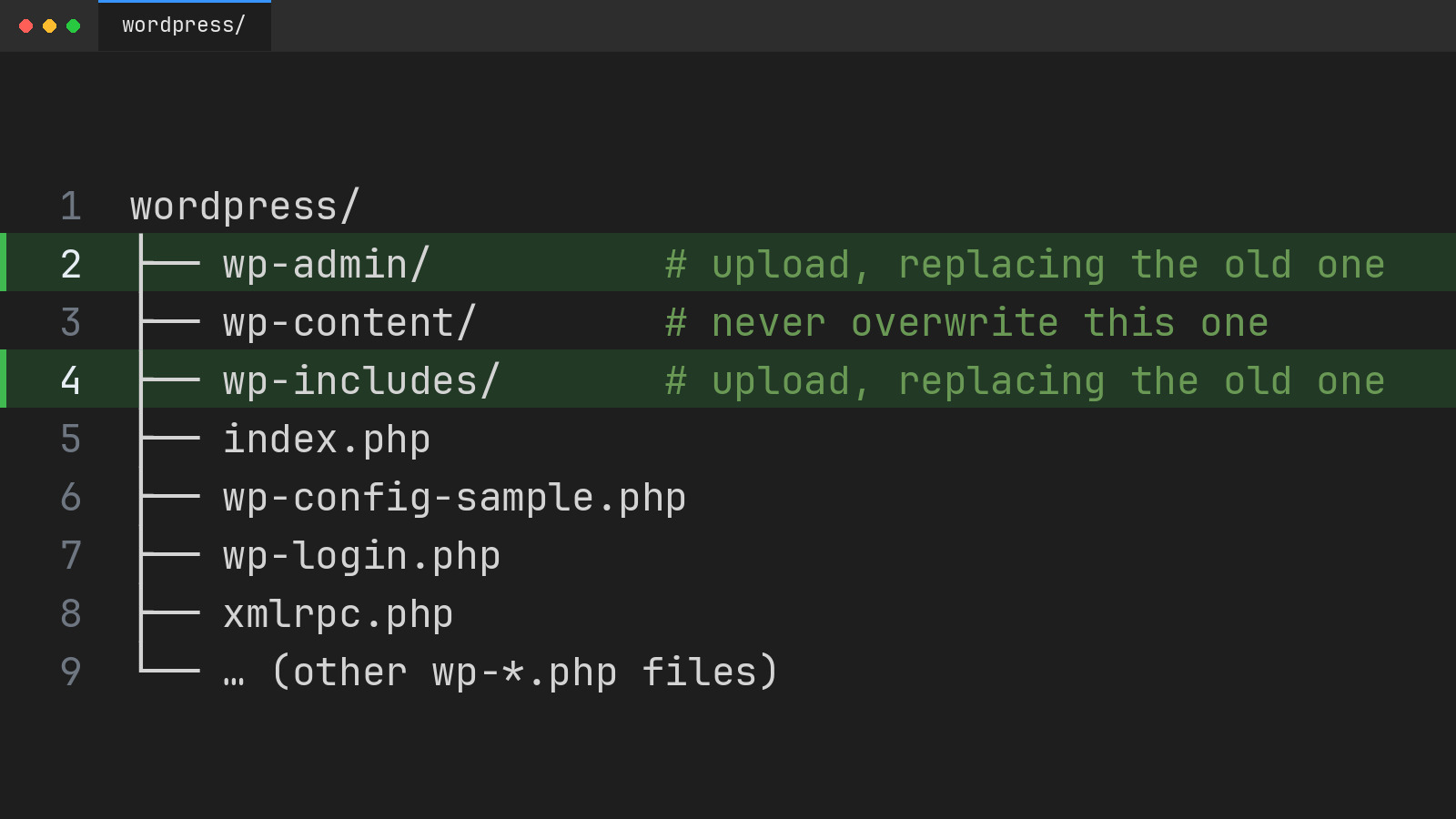 Fresh WordPress folder with wp-admin and wp-includes marked to upload and wp-content marked never overwrite