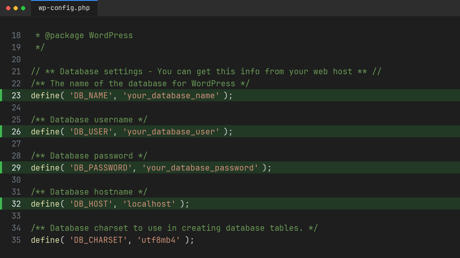 wp-config.php in a code editor with the DB_NAME, DB_USER, DB_PASSWORD and DB_HOST lines highlighted