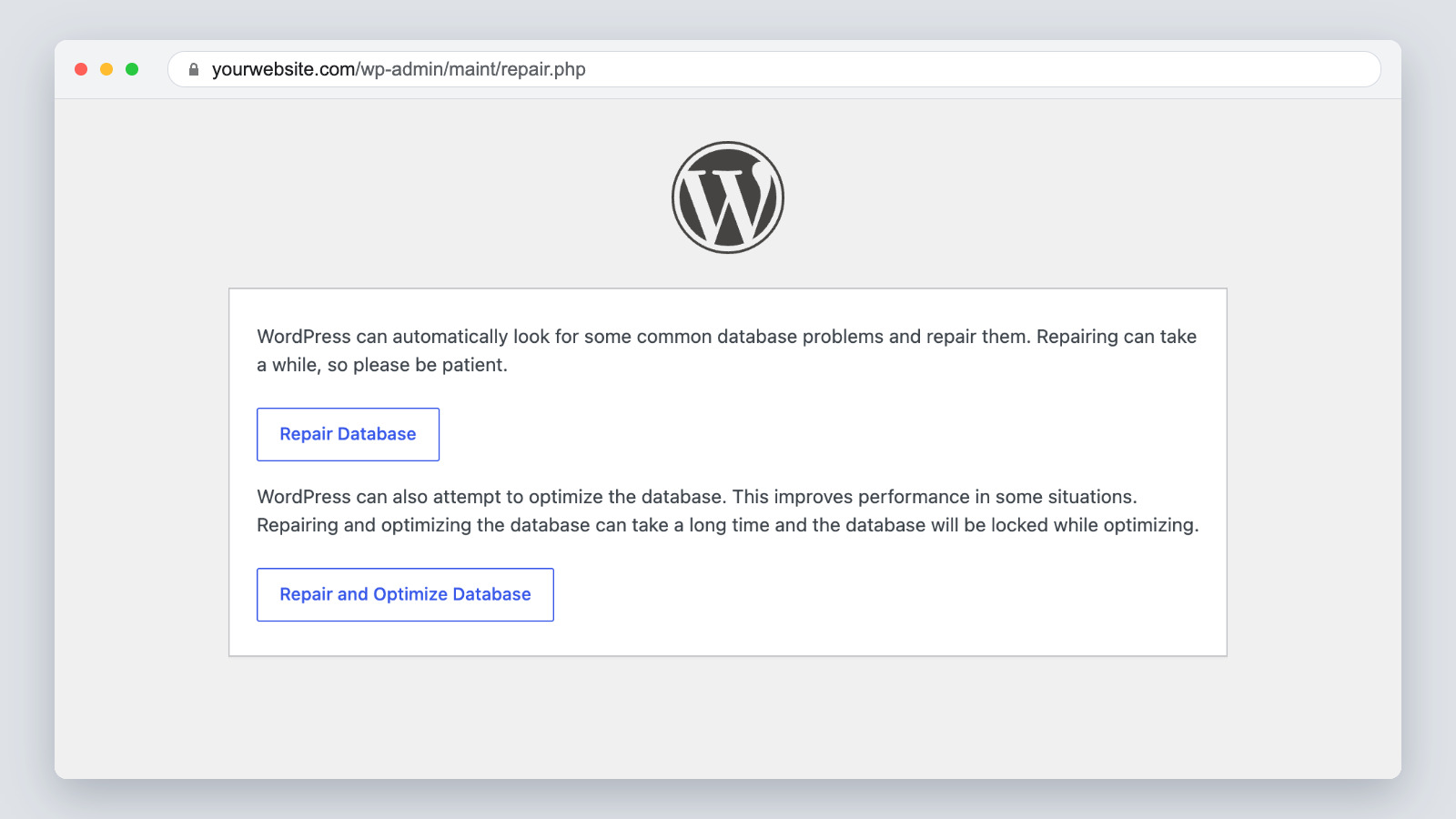WordPress Database Repair page with Repair Database and Repair and Optimize Database buttons