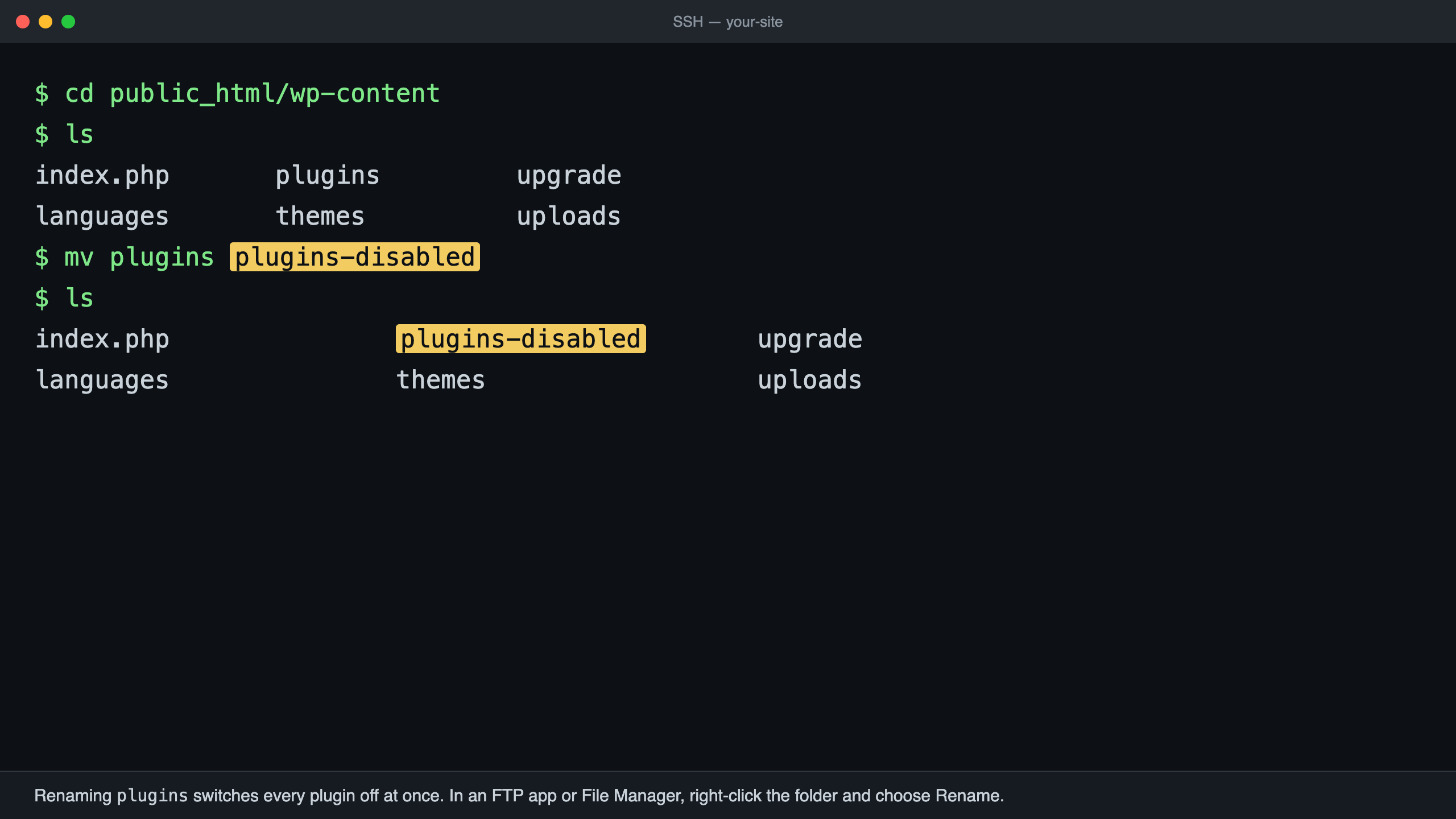 Terminal showing the plugins folder inside wp-content renamed to plugins-disabled