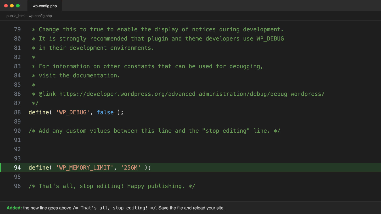 wp-config.php open in a code editor with define WP_MEMORY_LIMIT 256M added above the stop editing line
