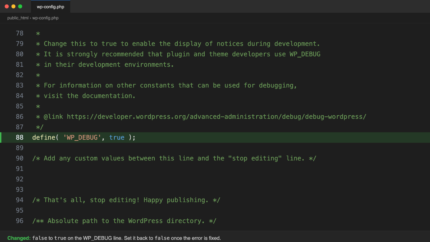 wp-config.php in a code editor with WP_DEBUG changed from false to true